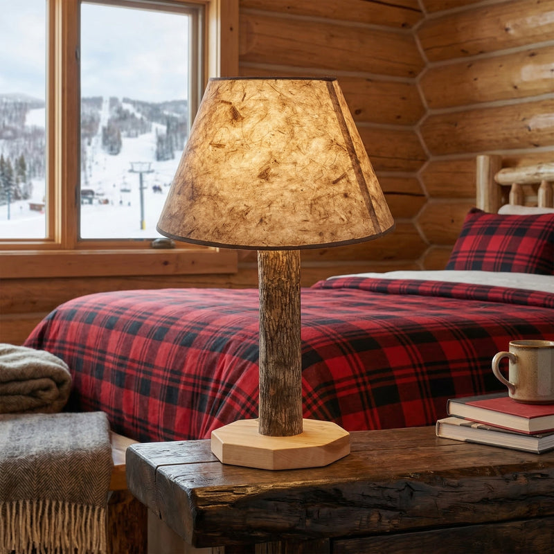 Pahlone Peak Hickory Log Table Lamp with burlap shade in a cabin living room