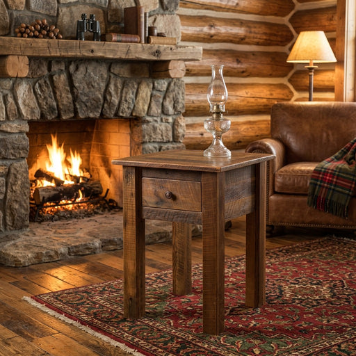 Paiute Peak reclaimed barnwood one drawer end table staged by a stone fireplace in a log cabin living room