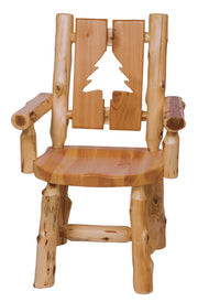 Angled view of the Parika Peak Cedar Log Cutout Dining Arm Chair with the pine tree cutout