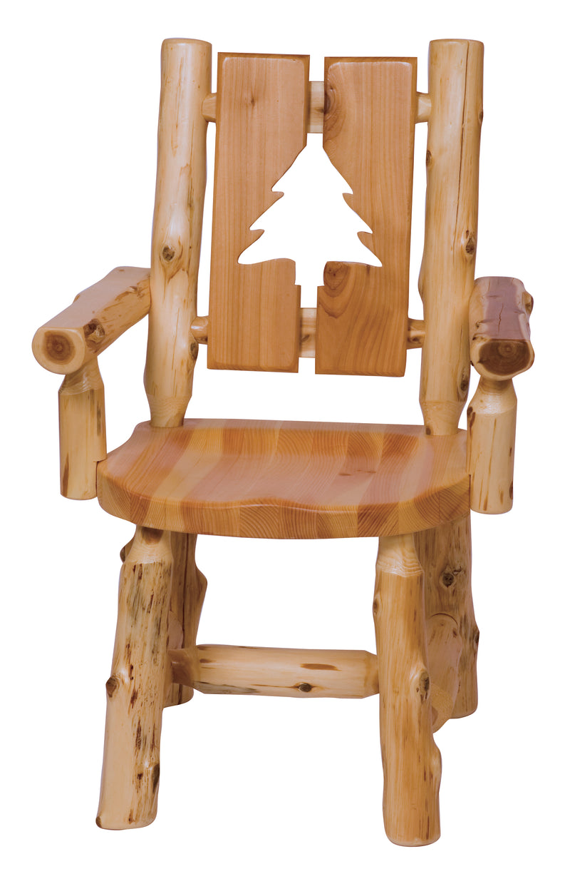 Angled view of the Parika Peak Cedar Log Cutout Dining Arm Chair with the pine tree cutout