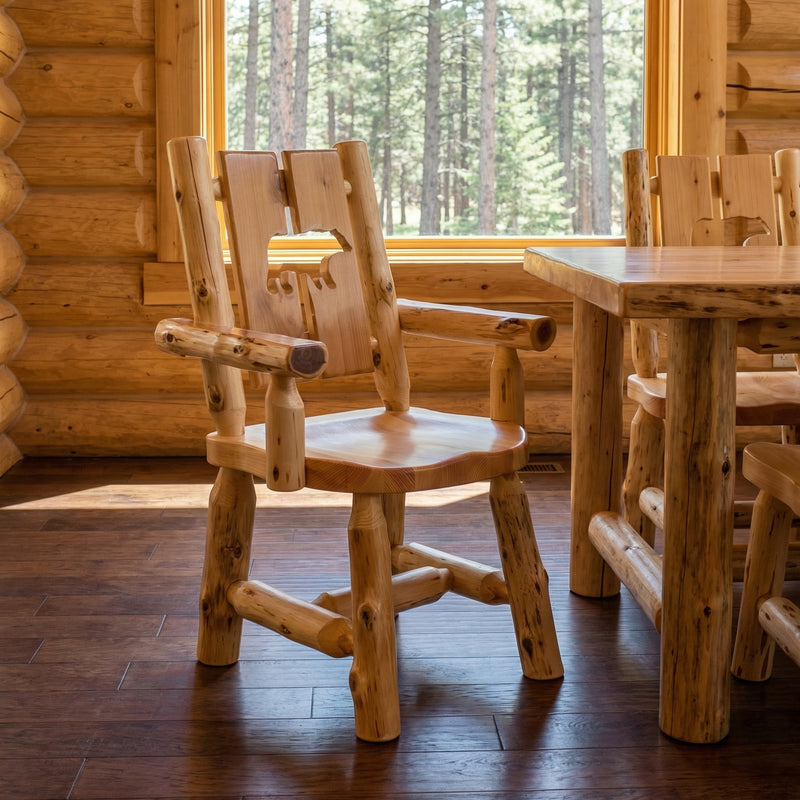 Parika Peak Cedar Log Cutout Dining Arm Chair with a bear cutout in a rustic dining room