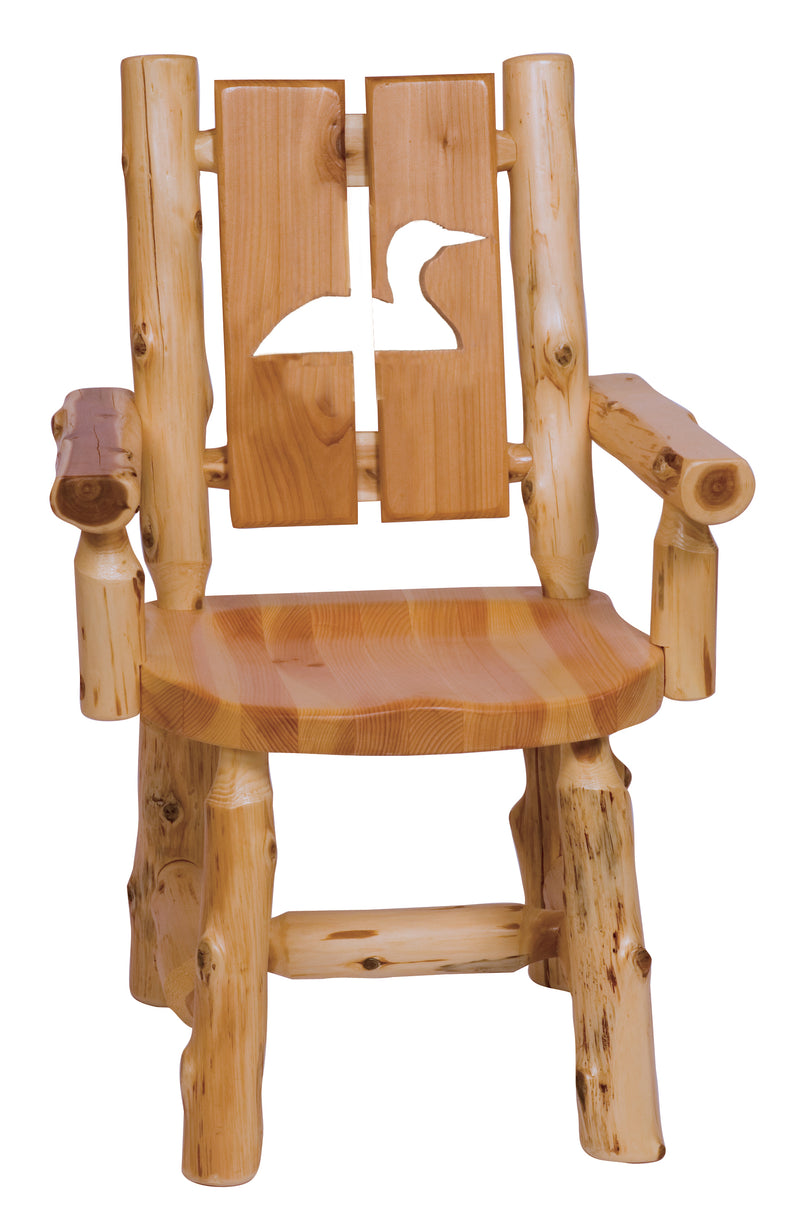 Parika Peak Cedar Log Cutout Dining Arm Chair with the loon cutout backrest