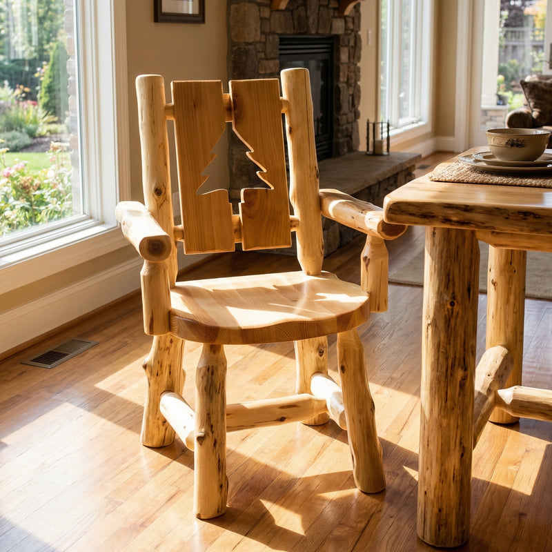 Parika Peak Cedar Log Cutout Dining Arm Chair with a pine tree cutout in a cabin dining room