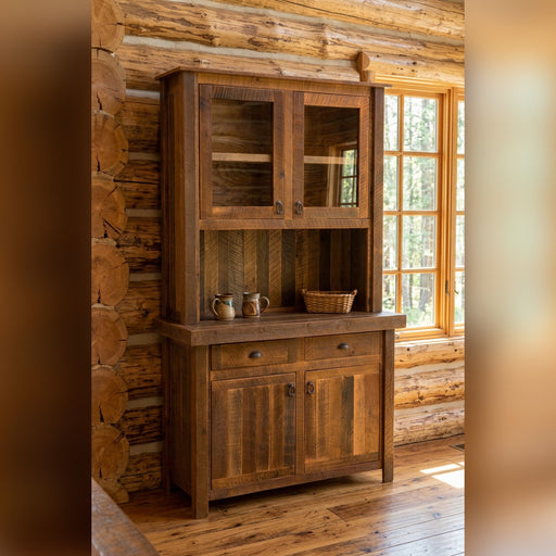 Parkview Mountain Reclaimed Barnwood Buffet and Hutch staged in a sunlit log cabin dining room
