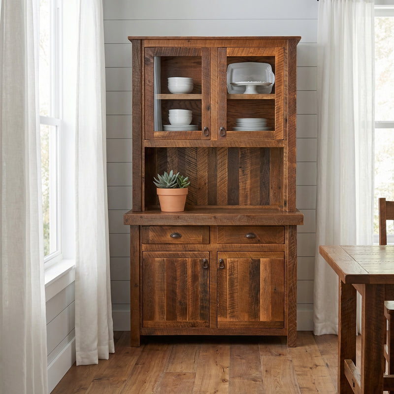 Parkview Mountain Reclaimed Barnwood Buffet and Hutch with an Artisan Top in a bright dining room