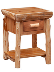 Angled view of the Parry Peak Cedar Log Nightstand with Shelf showing the drawer and open lower shelf