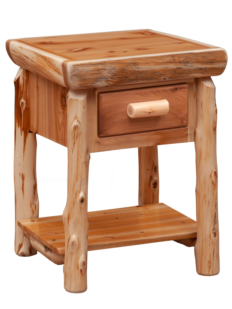 Angled view of the Parry Peak Cedar Log Nightstand with Shelf showing the drawer and open lower shelf