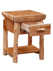 Angled view of the Parry Peak Cedar Log Nightstand with Shelf with the drawer open