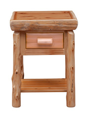 Front view of the Parry Peak Cedar Log Nightstand with Shelf with cedar log pull and lower shelf