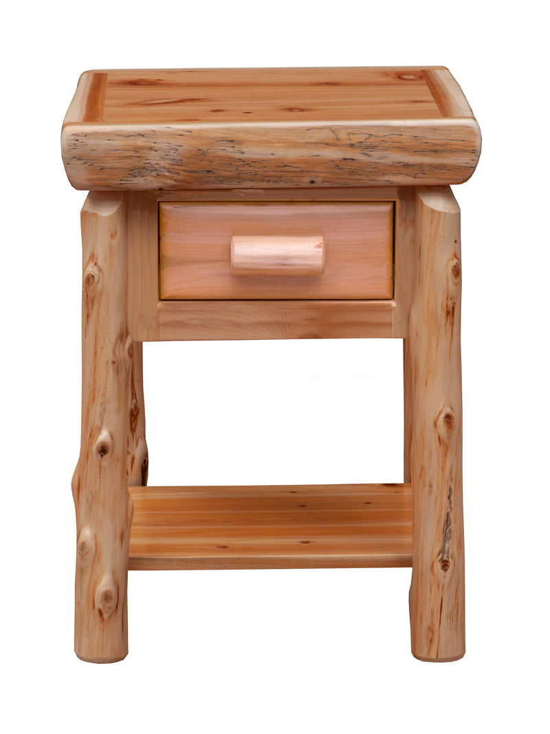 Front view of the Parry Peak Cedar Log Nightstand with Shelf with cedar log pull and lower shelf