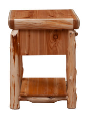 Side view of the Parry Peak Cedar Log Nightstand with Shelf showing the log posts and shelf