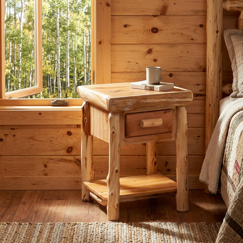 Parry Peak Cedar Log Nightstand with Shelf beside a bed and an aspen-view window in a pine-walled cabin guest room