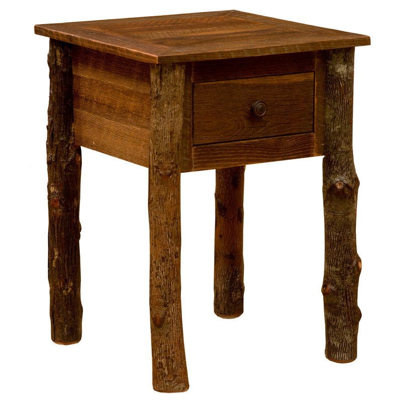 Angled view of the Pawnee Peak Barnwood and Hickory One Drawer End Table showing the drawer and hickory log legs