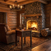 Pawnee Peak barnwood and hickory one drawer end table staged before a stone fireplace in a log cabin living room