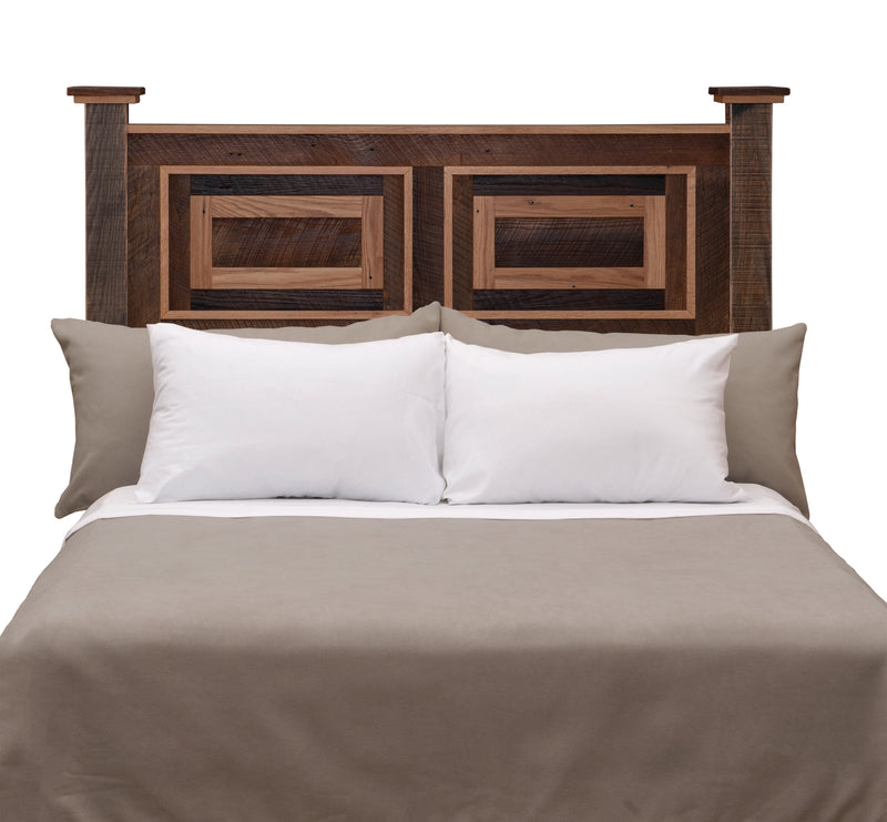 Front view of the Peak One Reclaimed Barnwood Framed Panel Headboard with pillows