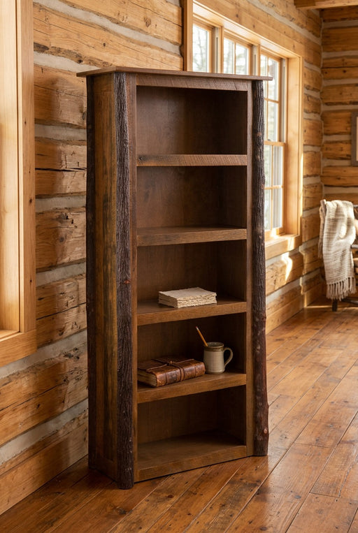 Peak Ten Barnwood and Hickory Five Shelf Bookcase staged in a sunlit log cabin home office