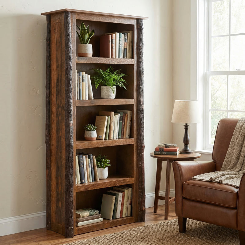 Peak Ten Barnwood and Hickory Five Shelf Bookcase front view