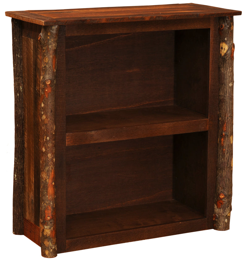 Angled view of the Pear Lake Peak Barnwood and Hickory Two Shelf Bookcase