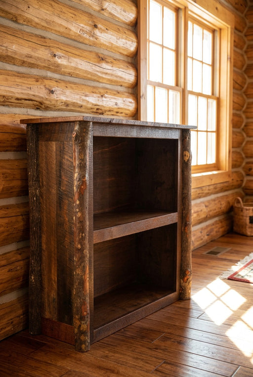 Pear Lake Peak Barnwood and Hickory Two Shelf Bookcase staged in a sunlit log cabin home office