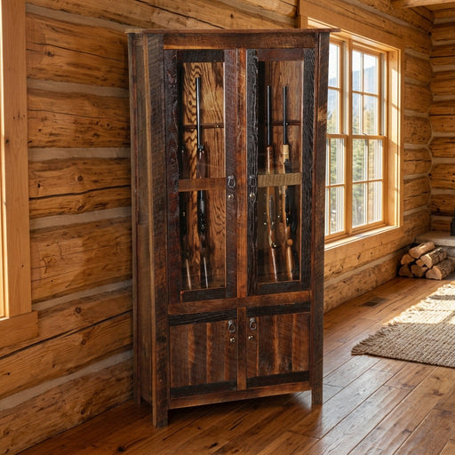 Pettingell Peak Reclaimed Barnwood Eight Gun Cabinet staged in a sunlit log cabin living room