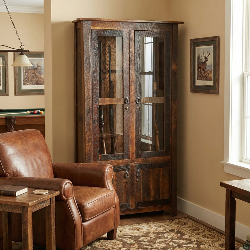 Pettingell Peak Reclaimed Barnwood Eight Gun Cabinet in a bright cabin room