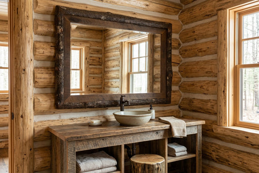 Pigeon Peak Barnwood and Hickory Mirror staged in a sunlit log cabin bathroom