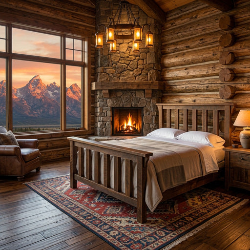 Pikes Peak Reclaimed Barnwood Post Bed staged in a log lodge bedroom with stone fireplace, iron chandelier, and mountain view