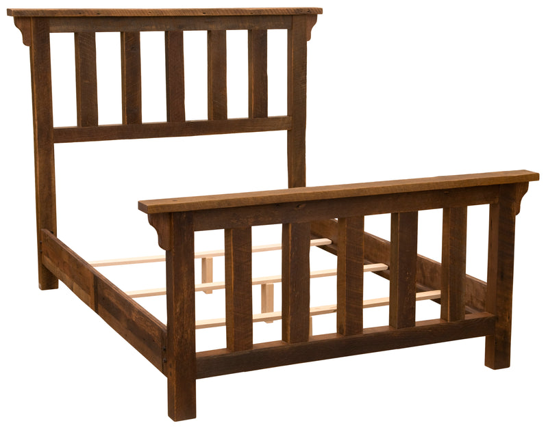Angled frame view of the Pikes Peak Reclaimed Barnwood Post Bed showing side rails and slats without mattress