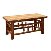 Angled view of the Pilot Knob Hickory Log Rectangle Coffee Table showing the hickory top and twig-accented log base