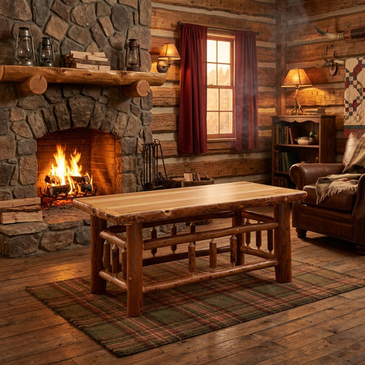 Pilot Knob Hickory Log Rectangle Coffee Table staged by a stone fireplace in a log cabin living room