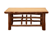 Front view of the Pilot Knob Hickory Log Rectangle Coffee Table showing hickory twig accents between the legs