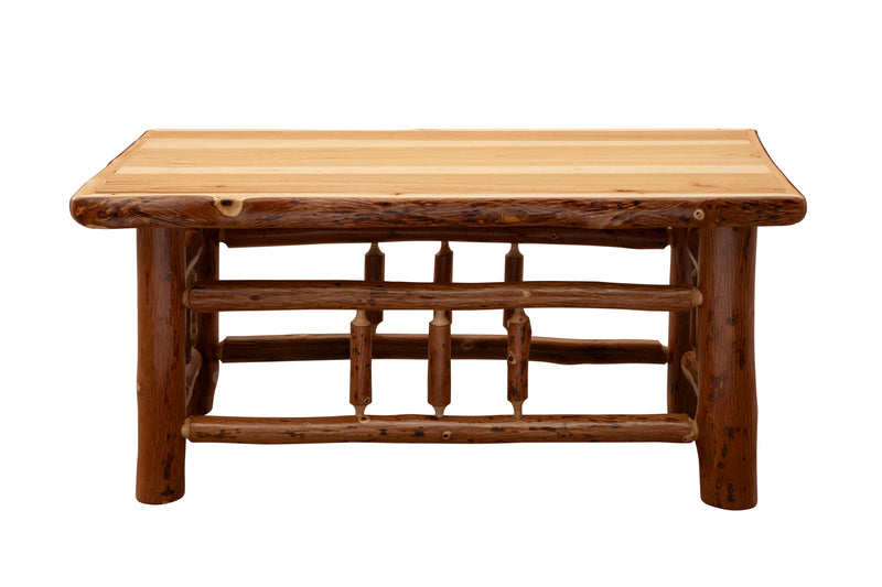 Front view of the Pilot Knob Hickory Log Rectangle Coffee Table showing hickory twig accents between the legs