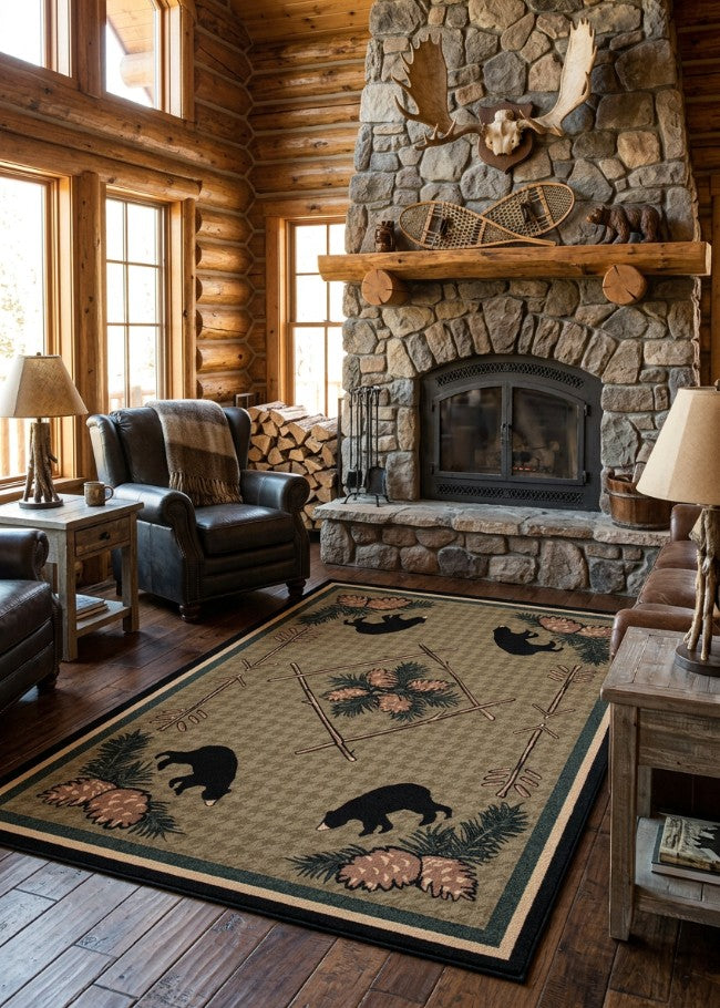 Pinewood Bear Rug Living Room | The Cabin Shack