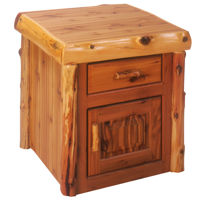 Angled view of the Pole Creek Mountain Cedar Log Enclosed End Table