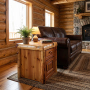 Pole Creek Mountain Cedar Log Enclosed End Table in a rustic cabin living room