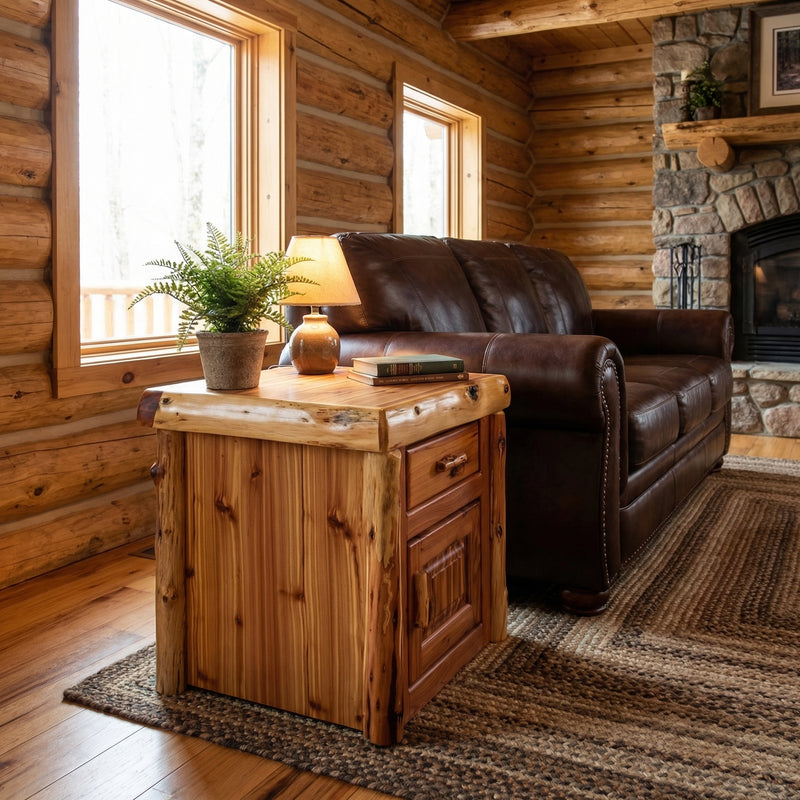 Pole Creek Mountain Cedar Log Enclosed End Table in a rustic cabin living room