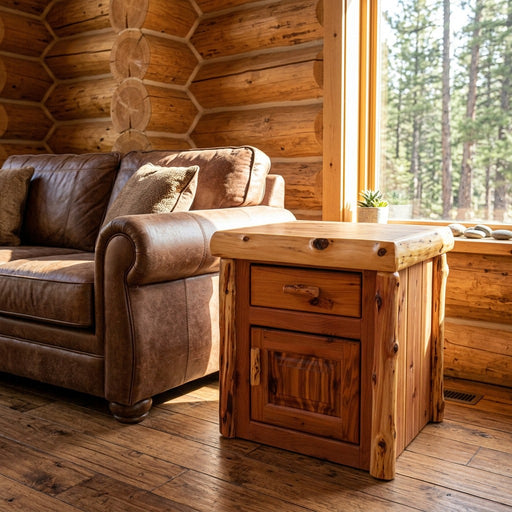 Pole Creek Mountain Cedar Log Enclosed End Table staged in a sunlit log cabin living room