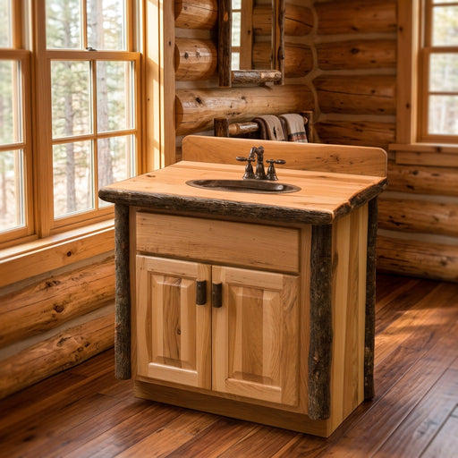 Potosi Peak Hickory Log Vanity with Slab Top staged in a sunlit log cabin bathroom