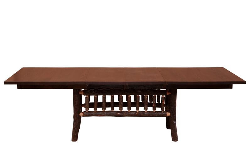 Front view of the Powell Peak Oak and Hickory Log Extension Dining Table