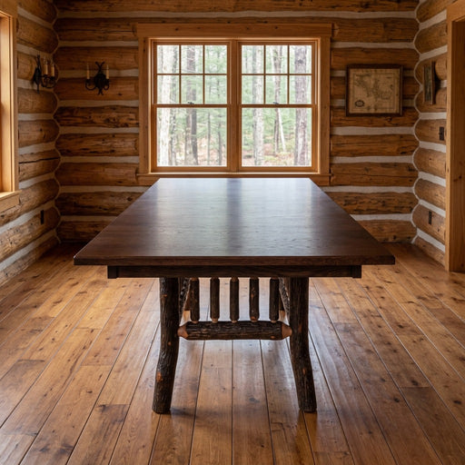 Powell Peak Oak and Hickory Log Extension Dining Table staged in a sunlit log cabin dining room
