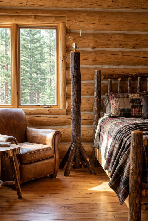 Precipice Peak Hickory Log Floor Lamp staged in a sunlit log cabin living room