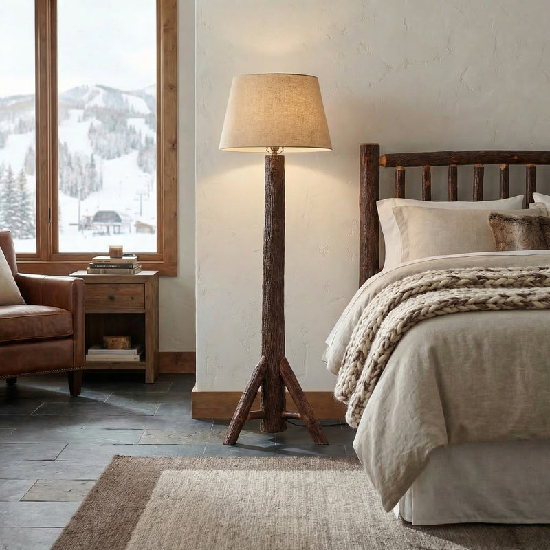 Precipice Peak Hickory Log Floor Lamp in a lodge living room