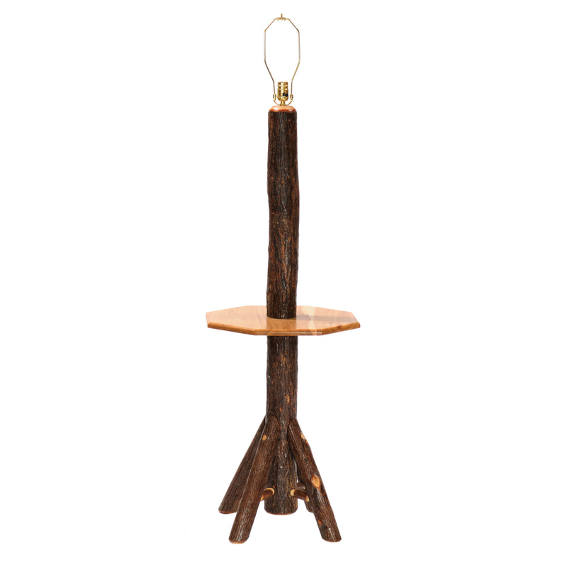 Angled view of the Precipice Peak Hickory Log Floor Lamp with side shelf