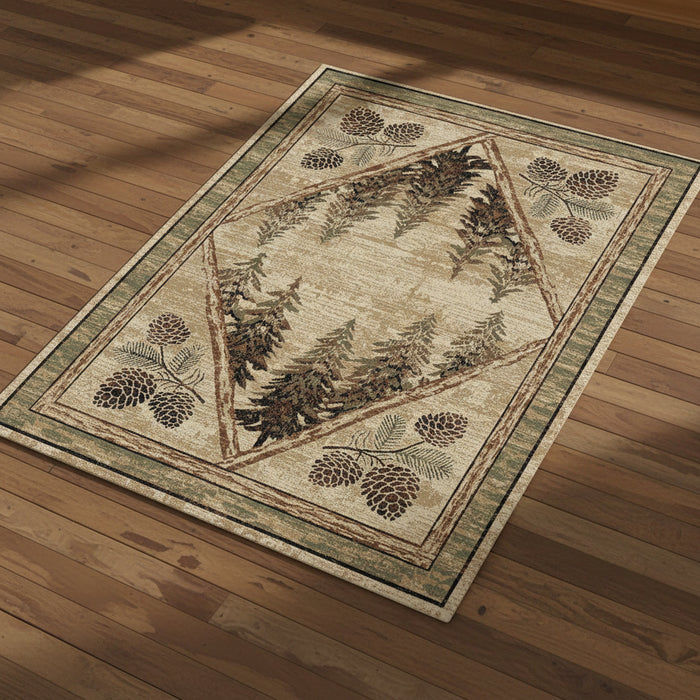 Pristine Pine Rug with nature-themed design featuring trees and pinecones on a beige background