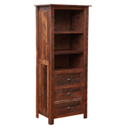 Angled view of the Ptarmigan Mountain Reclaimed Barnwood Open Pantry showing open shelves and drawers