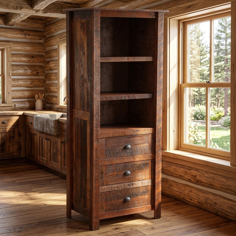 Ptarmigan Mountain Reclaimed Barnwood Open Pantry staged in a sunlit log cabin kitchen