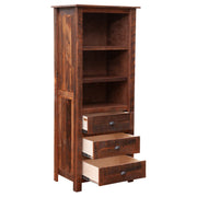 Angled view of the Ptarmigan Mountain Reclaimed Barnwood Open Pantry with drawers open