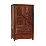 Angled view of the Ptarmigan Peak Reclaimed Barnwood Wardrobe showing barn-door style doors over two drawers
