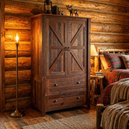 Ptarmigan Peak Reclaimed Barnwood Wardrobe staged in a log cabin bedroom with a plaid bed and floor lamp