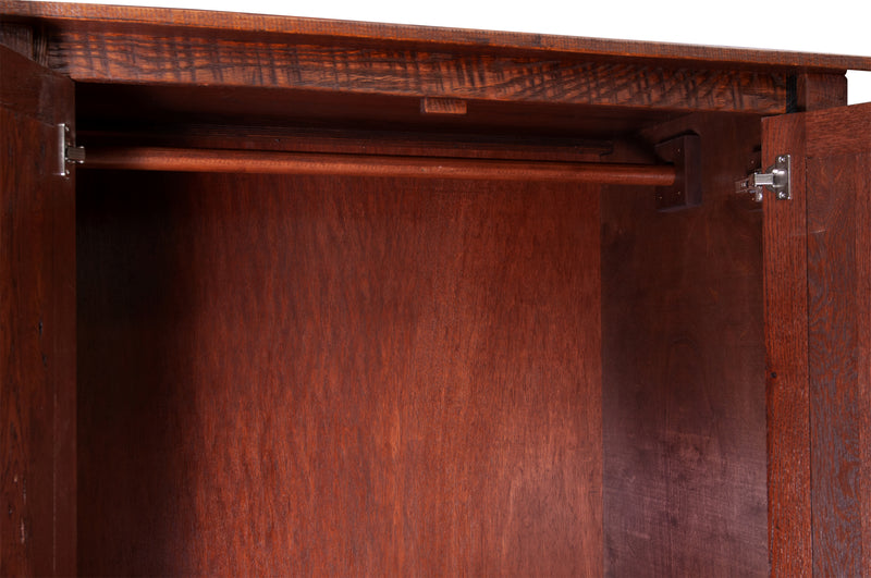 Close-up of the Ptarmigan Peak Reclaimed Barnwood Wardrobe cabinet interior and concealed hinges